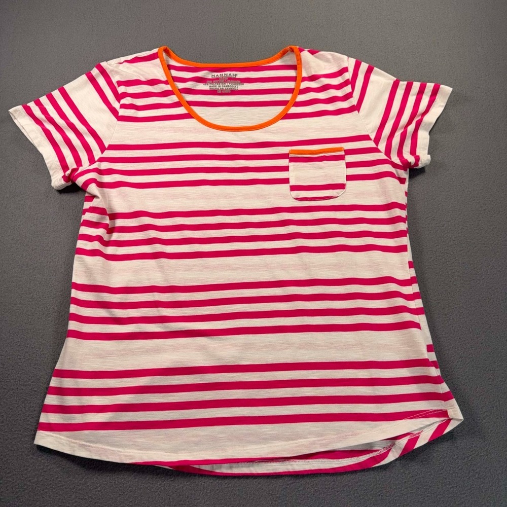 Hannah Womens XL Striped T Shirt Pink White Orange Trim Pocket 20.5x24